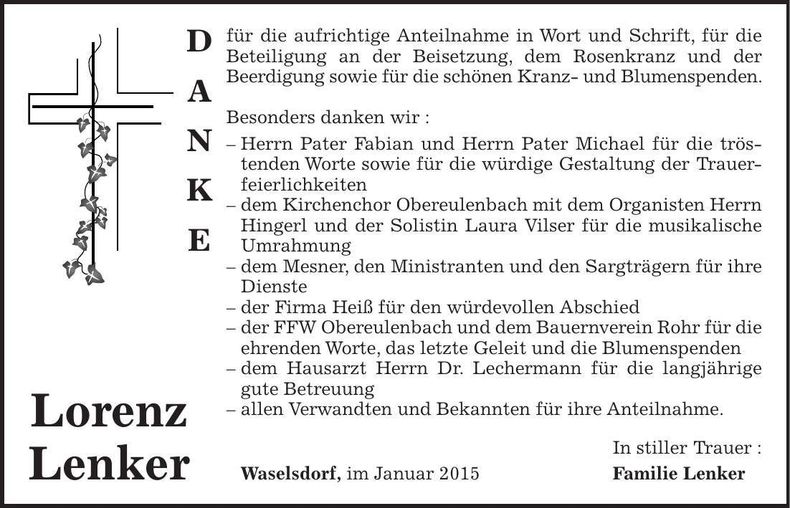 Traueranzeige Lorenz Lenker