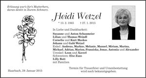 Traueranzeige Heidi Wetzel