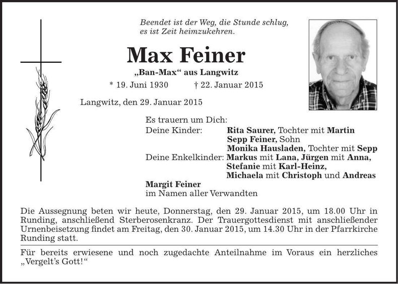 Traueranzeige Max Feiner