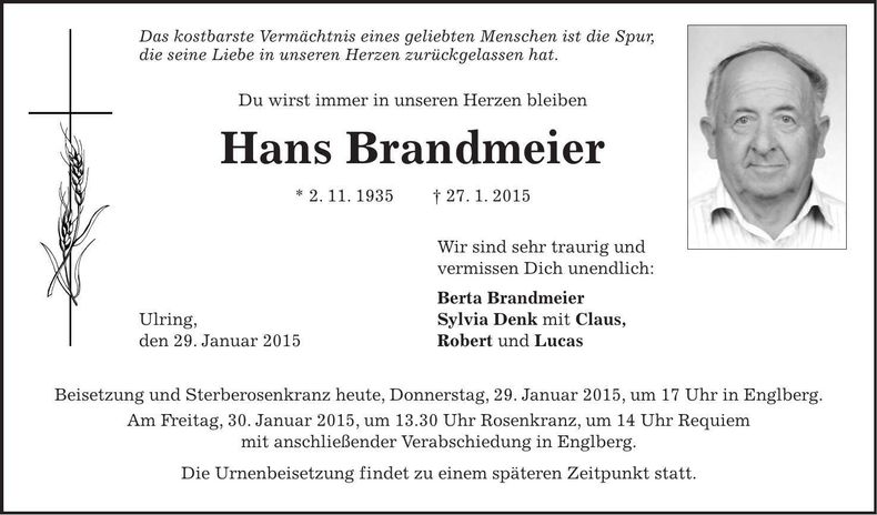 Traueranzeige Hans Brandmeier