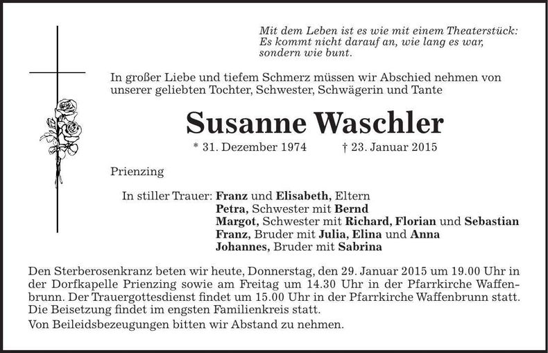 Traueranzeige Susanne Waschler