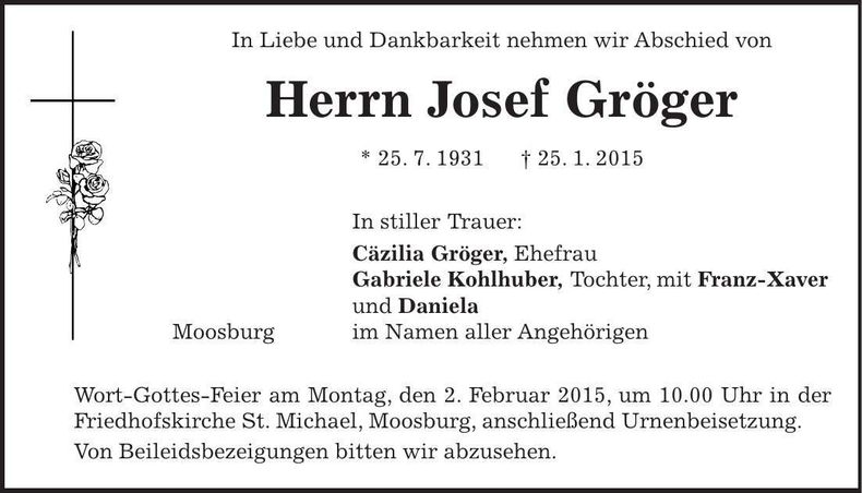 Traueranzeige Josef Gröger