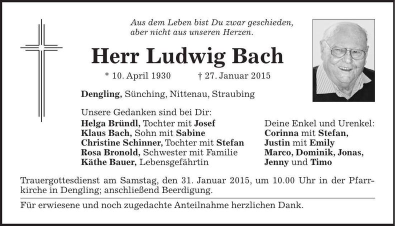 Traueranzeige Ludwig Bach