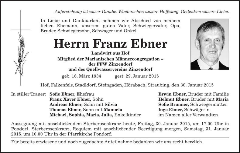 Traueranzeige Franz Ebner