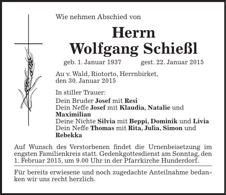 Traueranzeige Wolfgang Schießl
