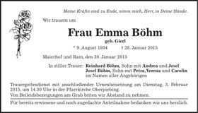 Traueranzeige Emma Böhm