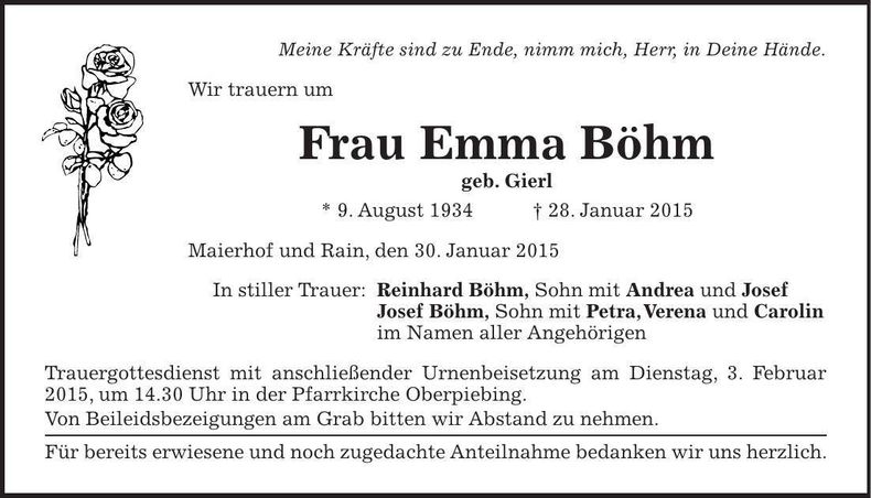 Traueranzeige Emma Böhm