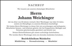 Traueranzeige Johann Weichinger