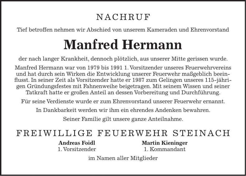 Traueranzeige Manfred Hermann