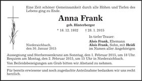 Traueranzeige Anna Frank