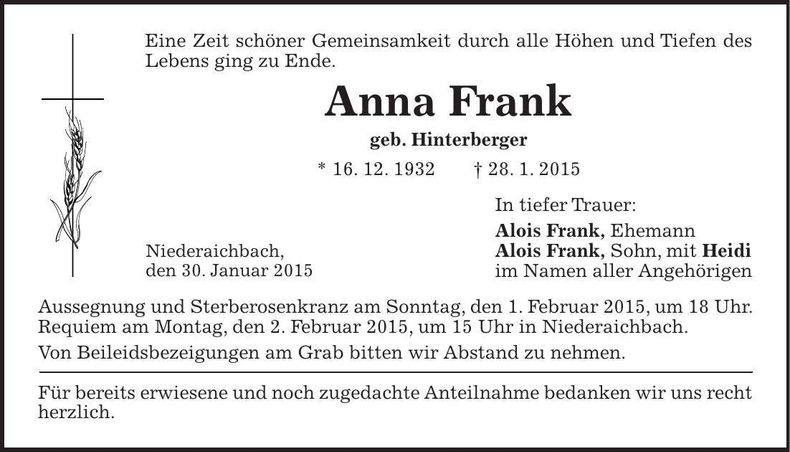 Traueranzeige Anna Frank