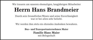 Traueranzeige Hans Brandmeier