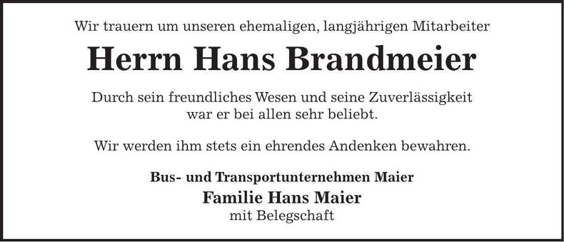 Traueranzeige Hans Brandmeier