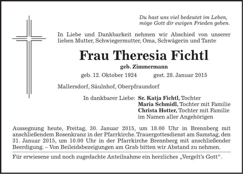 Traueranzeige Theresia Fichtl