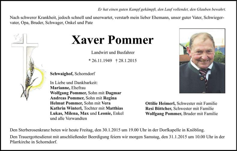 Traueranzeige Xaver Pommer