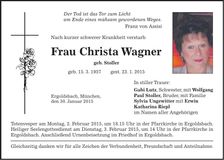 Traueranzeige Christa Wagner