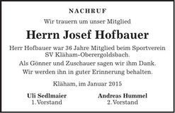 Traueranzeige Josef Hofbauer