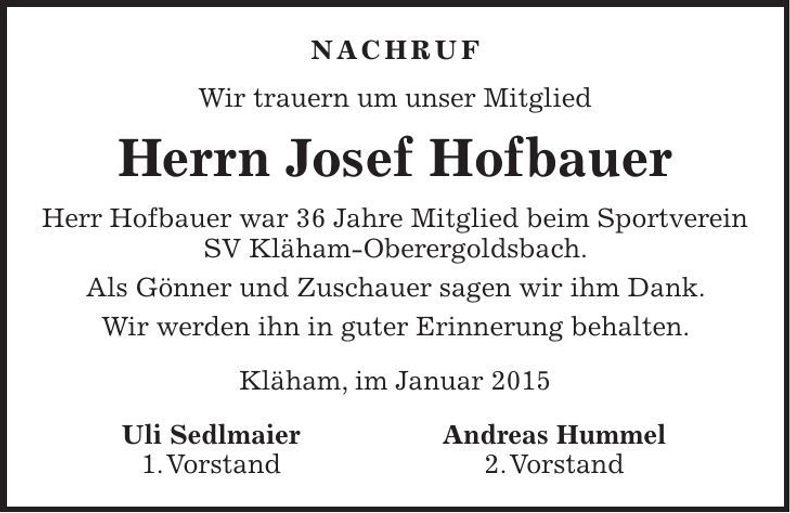 Traueranzeige Josef Hofbauer