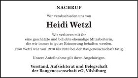 Traueranzeige Heidi Wetzel