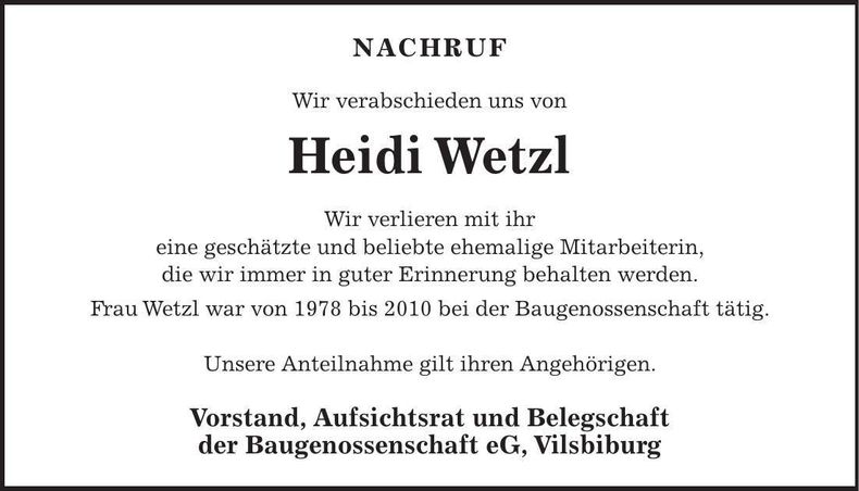 Traueranzeige Heidi Wetzel