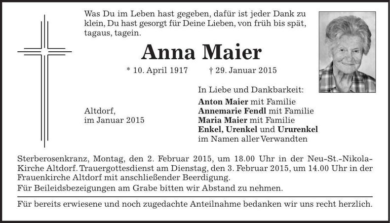 Traueranzeige Anna Maier