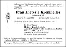 Traueranzeige Theresia Kremheller