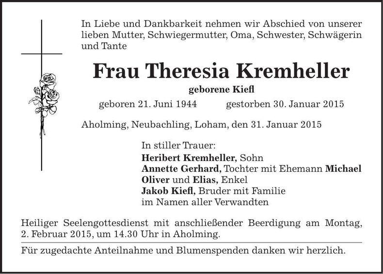 Traueranzeige Theresia Kremheller