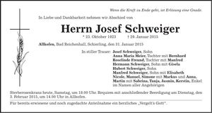 Traueranzeige Josef Schweiger