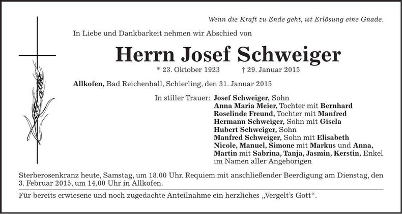Traueranzeige Josef Schweiger