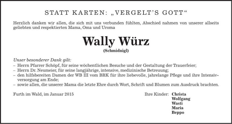 Traueranzeige Wally Würz