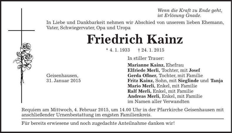 Traueranzeige Friedrich Kainz