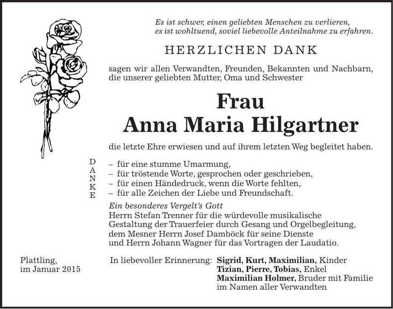 Traueranzeige Anna Maria Hilgartner