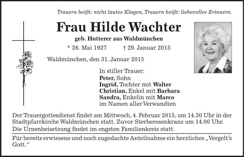 Traueranzeige Hilde Wachter