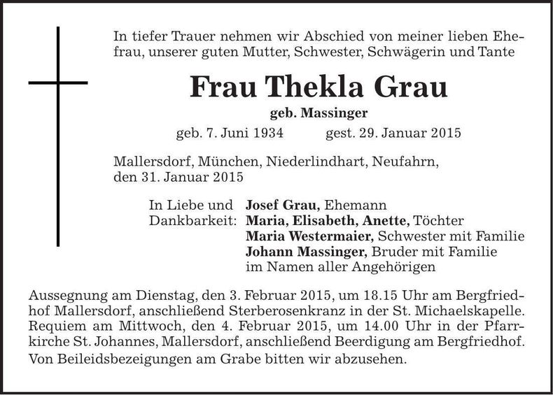 Traueranzeige Thekla Grau
