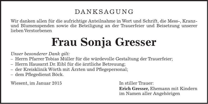 Traueranzeige Sonja Gresser