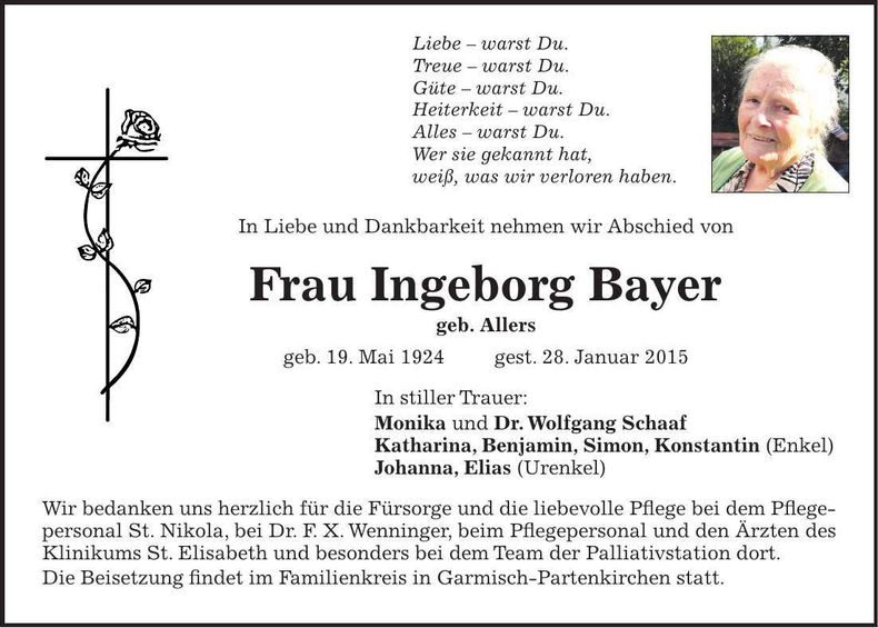 Traueranzeige Inge Bayer