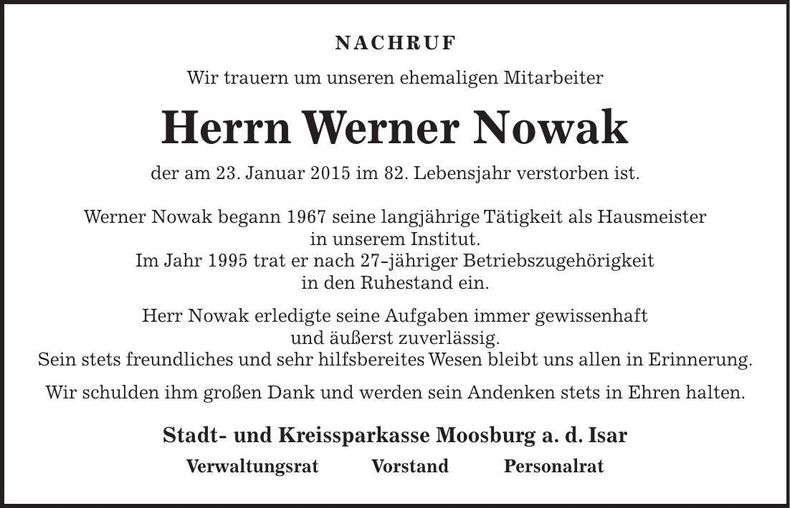 Traueranzeige Werner Nowak