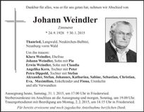 Traueranzeige Johann Weindler