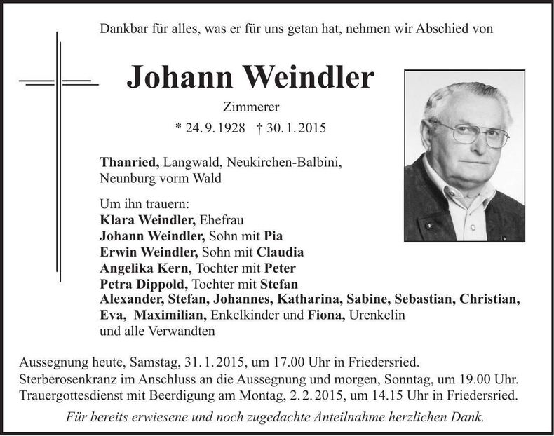 Traueranzeige Johann Weindler