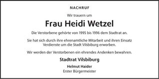Traueranzeige Heidi Wetzel
