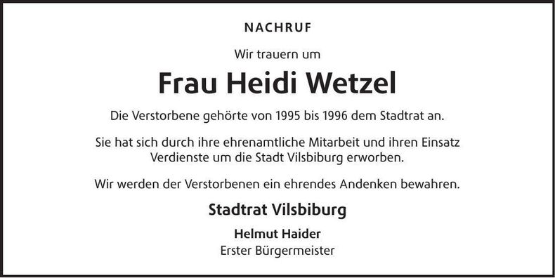Traueranzeige Heidi Wetzel