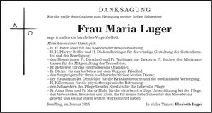 Traueranzeige Maria Luger
