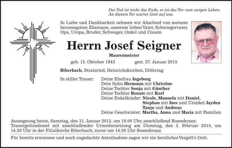 Traueranzeige Josef Seigner