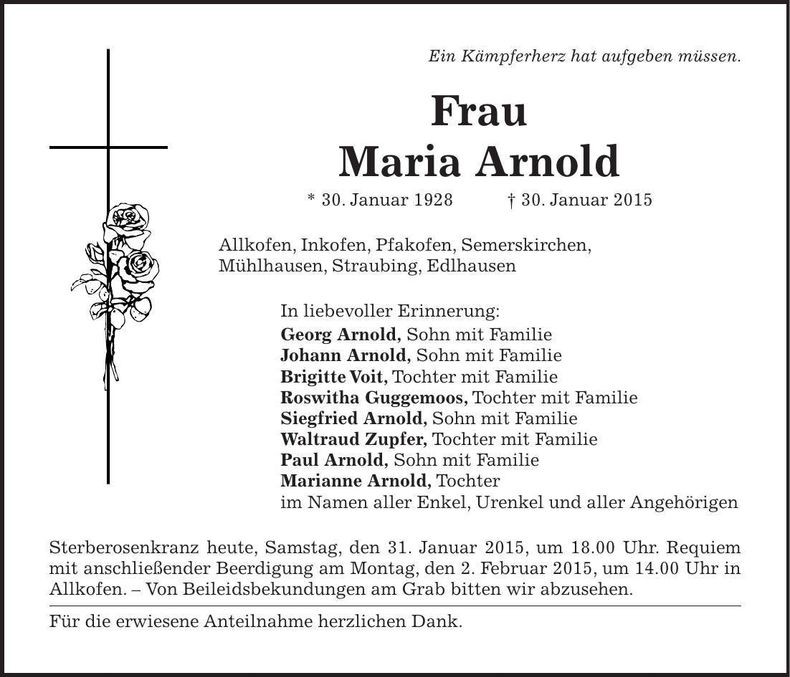 Traueranzeige Maria Arnold
