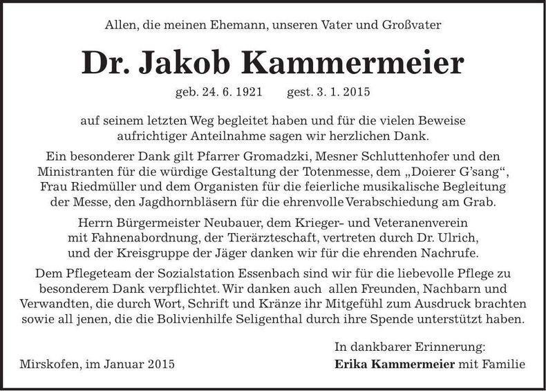 Traueranzeige Jakob Kammermeier