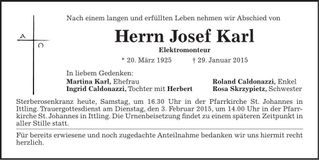 Traueranzeige Josef Karl