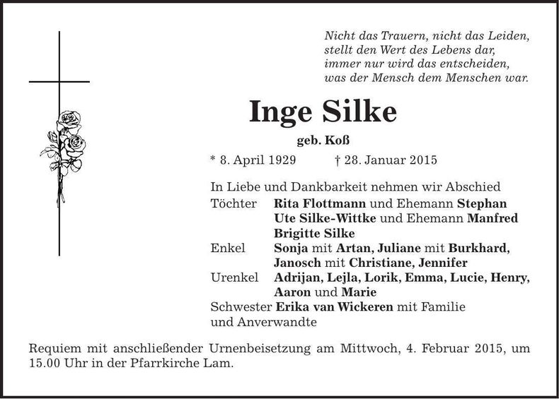 Traueranzeige Inge Silke