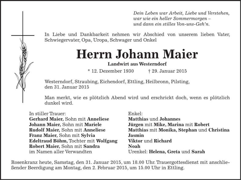 Traueranzeige Johann Maier