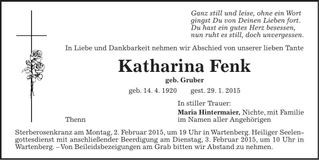 Traueranzeige Katharina Fenk