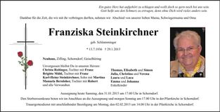 Traueranzeige Franziska Steinkirchner